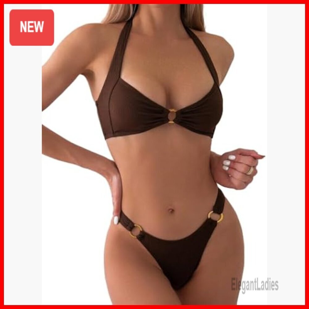 Medium Ribbed Triangle Bikini Set with Adjustable Halter and High Cut Thong